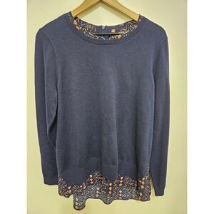 NYDJ Womens Navy Blue Mixed Media Layered Sweater Geometric Print Size L